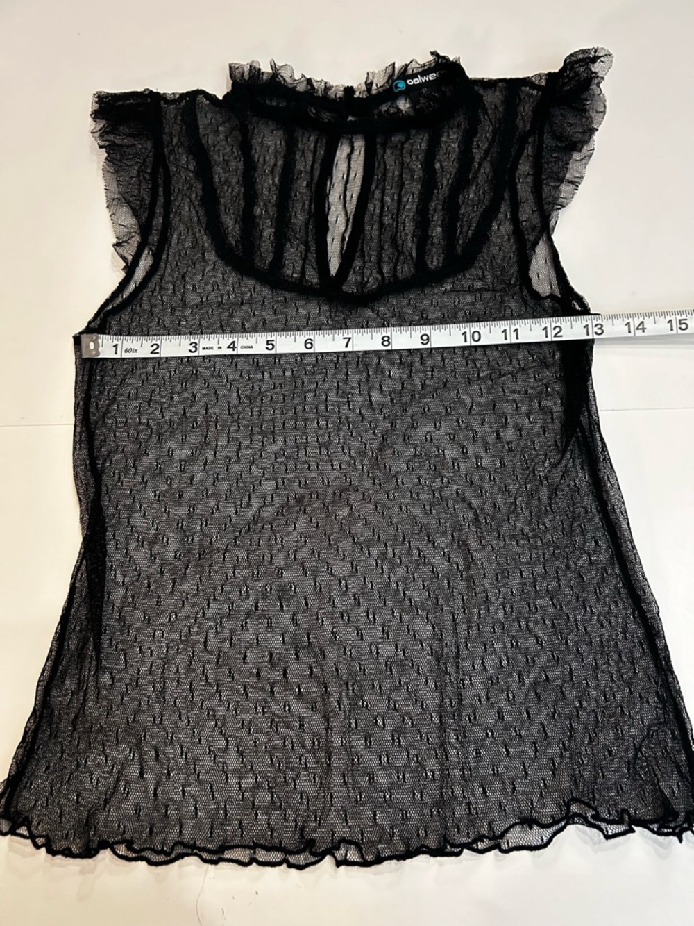 Sheer Black Ruffle-Neck Cap Sleeve Blouse - Picture 6 of 7